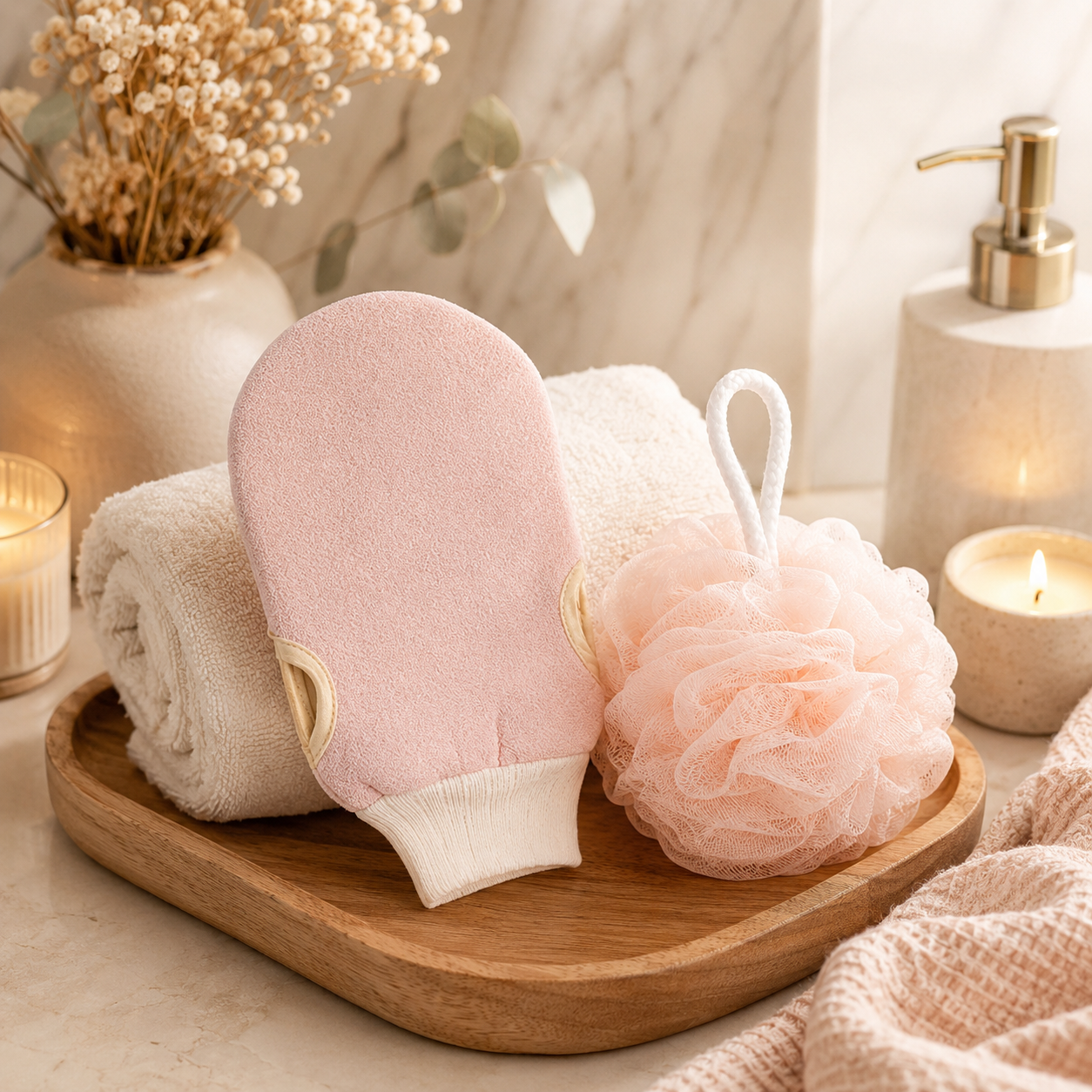 Ensemble gant exfoliant et  petite fleur de douche