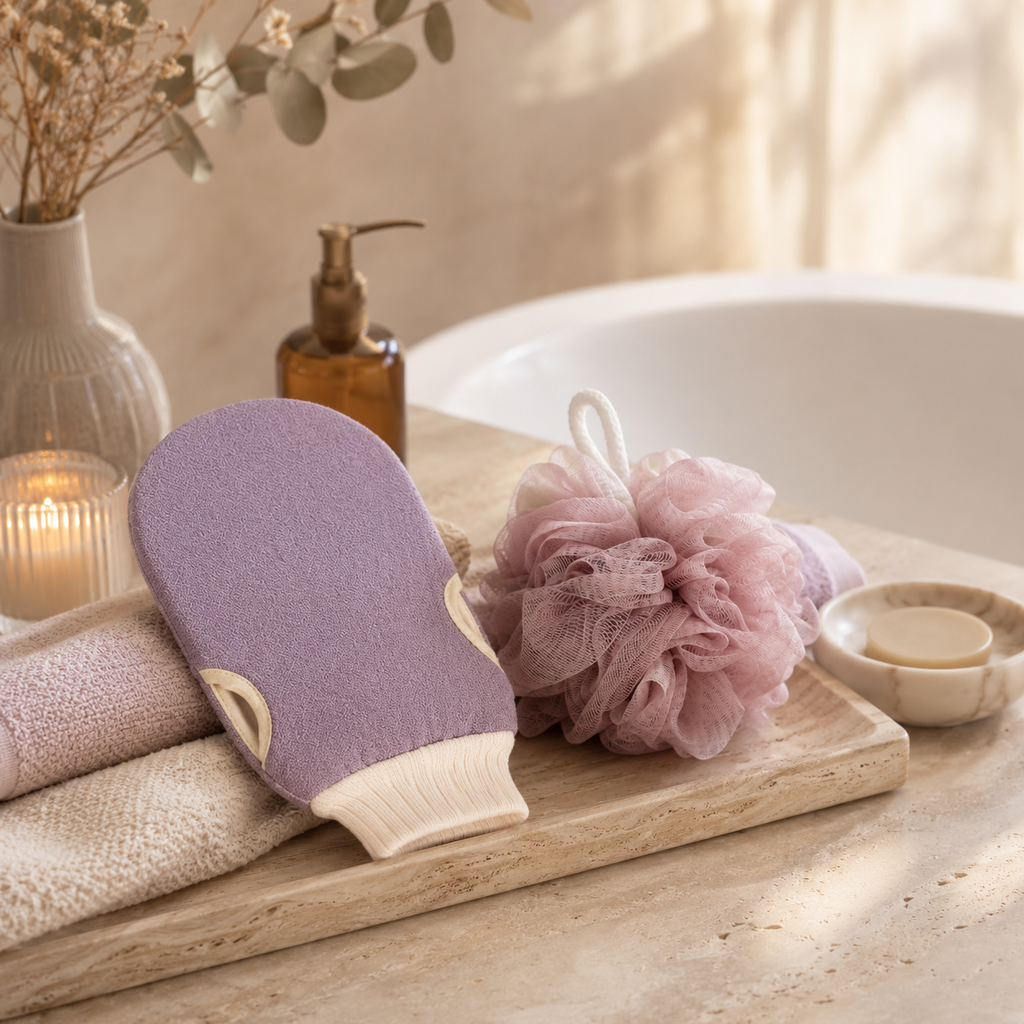 Ensemble gant exfoliant et  petite fleur de douche