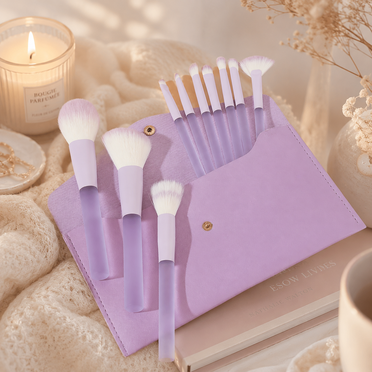 Pochette 10 pinceaux à maquillage violet